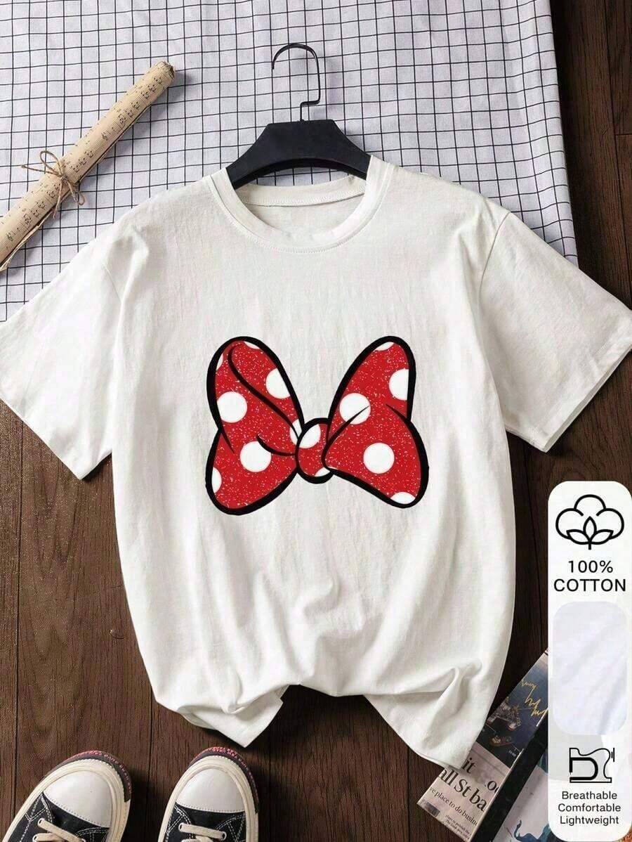 Women's Casual Printed Short-Sleeve T-Shirt1 pieza Camiseta de manga corta de algodón 100% con estampado de lazo de lunares rojos para mujeres, camiseta gráfica, verano, Año Nuevo Chino, Año Nuevo Lunar, Año del Caballo, Festival de Primavera, Feliz Año Nuevo, Día de San Valentín, regalo de San Valentín, regalo para ella, tops, día del amor, aniversario, regalos románticos, regalos para ella, regalos para novia, conjuntos a juego, expresa amor, te amo, regalos únicos, stock limitado 180g 100% algodón, todos los patrones están impresos. Unisexo. - Blanco - Ver 1