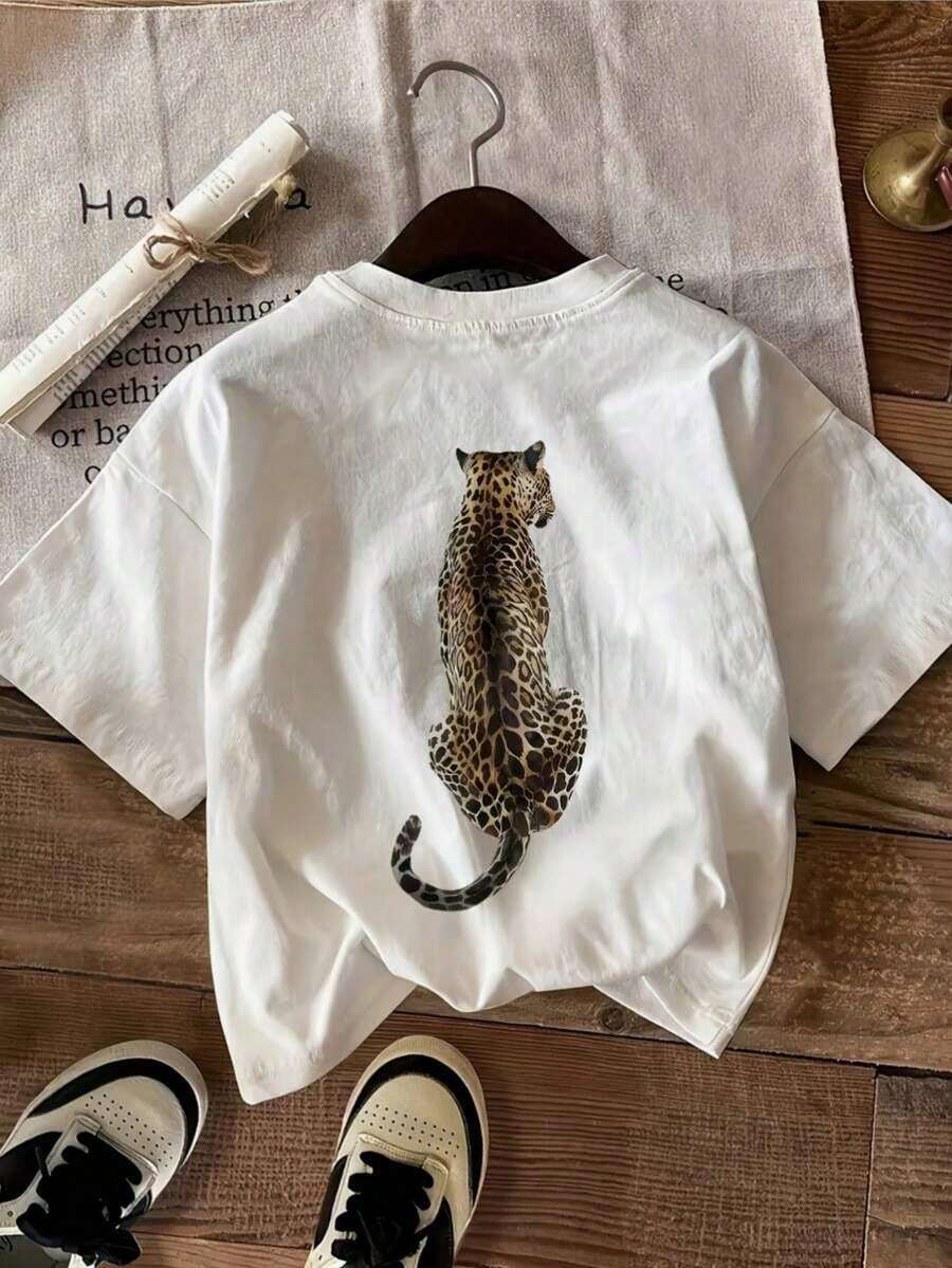 Camiseta de manga corta con cuello redondo y estampado de leopardo para mujer, estilo deportivo casual - Blanco - Ver 1