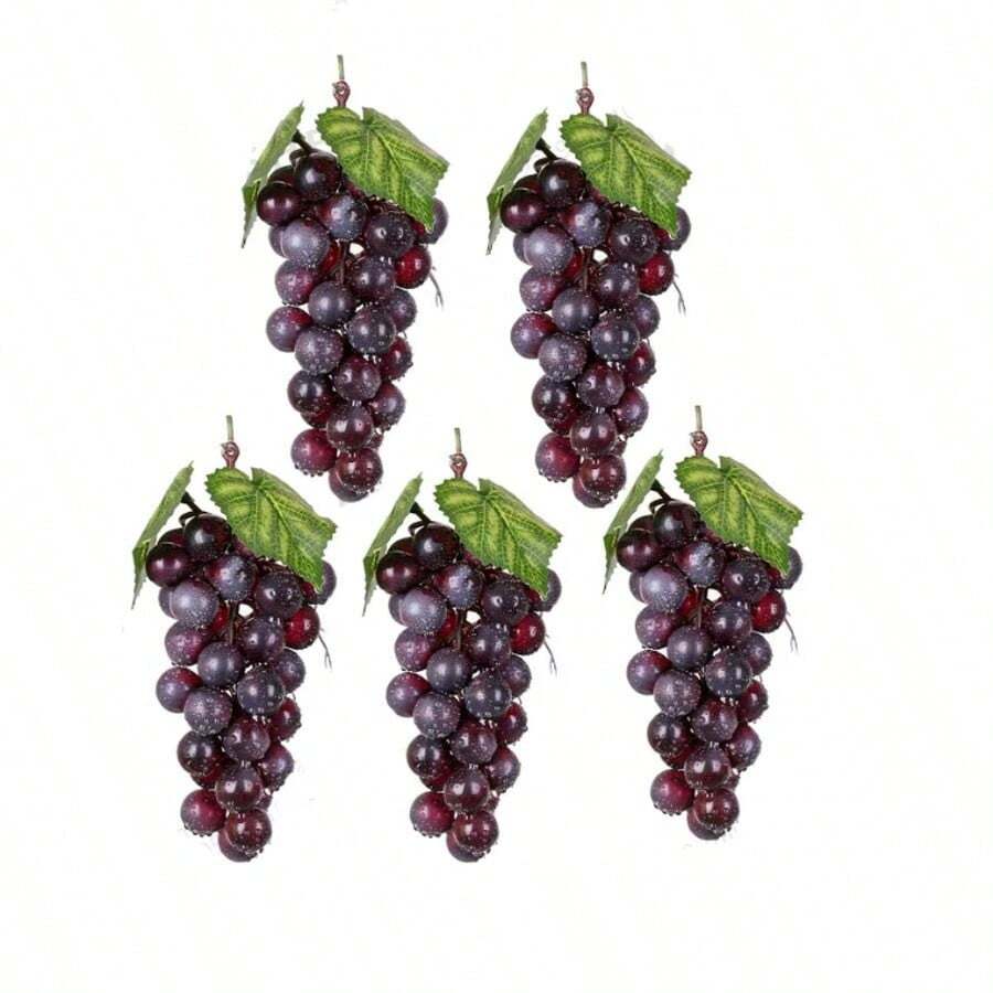 5pcs/Set Artificial Grape Clusters With Leaves, PVC Frosted Fake Grapes For Wedding, Home, Kitchen, Party Decor, Photography Props - Black - View 1