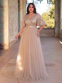 Faeriesty Plus Size Women's V-Neck Chiffon A-Line Evening Dress, Ruffle Sleeve Design, Suitable For Formal Banquet, Wedding, Red Carpet Events, Bridal Photo Party Elegant - Champagne - View 4