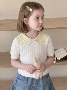 White Sweet Spring/Summer Casual Knit Sweater, Bow Design, Yellow Collar Design, Contrast Ruffle Collar Knit Sweater, Comfortable Versatile Daily Top, Suitable For Young Girls Back To School Season And More, Young Girl Round Neck Short Sleeve Sweater - White - View 3