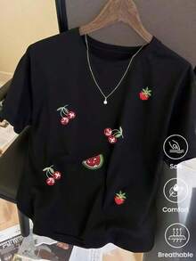 Camiseta de manga corta de moda para primavera y verano de 2026, hecha enéxico, 180 gramos. Estampado de dibujos animados, modelo de pareja, apta para uso interior o exterior. Cuello redondo, unisex, para oficina y ocio. Paquete de una pieza. - Negro - Ver 1