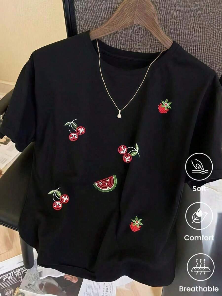 Camiseta de manga corta de moda para primavera y verano de 2026, hecha enéxico, 180 gramos. Estampado de dibujos animados, modelo de pareja, apta para uso interior o exterior. Cuello redondo, unisex, para oficina y ocio. Paquete de una pieza. - Negro - Ver 1
