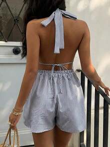 - Mono Sexy Azul a Rayas con Escote en V Profundo, Espalda Descubierta y Estilo Halter, Moda Europea y Americana, Elegante para Vacaciones - Gris Oscuro - Ver 2