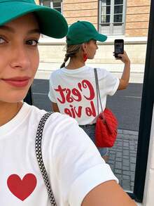 Women's Short-Sleeved T-Shirt With Front And Back Print, European And American Style Letter Design, Round Neck, Loose Fit Top, Sexy, Sweet And Cute For Summer/Spring, Simple And Fashionable Design T-Shirt, Suitable For Dates And Dinners, Urban Style For Women, Casual Short-Sleeved Graphic T-Shirts For Easter, Mother's Day And The 2026 World Cup, Breathable And Comfortable. - 白色 - 查看 3