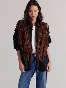 Women's Studded Suede Vest 70s Hippie Outfit Sleeveless Open Front Tassel Vest Collar - Marrón - Ver 3