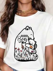 Playeras de Mujer, Camiseta de Cuello Redondo Blanca con Estampado de Mamá Oso con Bebé Oso y Flores, Ropa Casual para Mujeres y Regalo para el Día de la Madre - Blanco - Ver 9