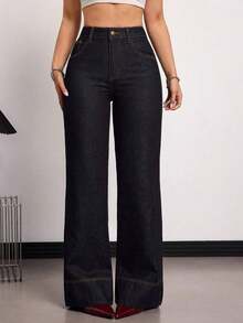 Tall Jeans de tiro alto, de pierna ancha y holgados, con bolsillos, versátiles, para uso casual en verano y primavera, elegantes para bodas y el Día de San Valentín - Azul lavado oscuro 2 - Ver 5