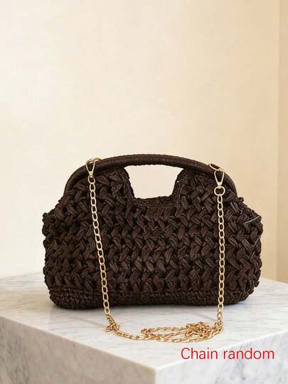 Nuevo bolso de playa de paja tejida de alta calidad y versátil, con diseño de bolsillo con broche, bolso de hombro tejido de unicolor, bolso de vacaciones, diseño tejido hueco de color marrón sólido con broche, asas superiores dobles, diseño superior de cadena de metal, cierre superior con broche, adecuado para citas, vacaciones, viajes, negocios, viajes al trabajo y otras ocasiones