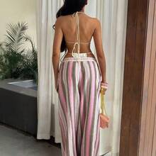 Tall Women's High-Waist Striped Linen Wide Leg Pants, Beach Vacation Casual Countryside Style, Elegant And Natural, Random Floral Pattern, Summer Fall Women Clothes Back To School - Verde militar - Ver 3