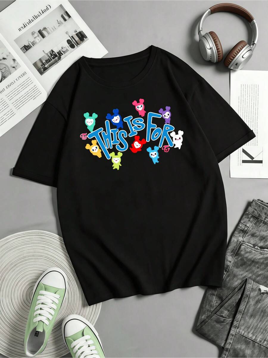 TWICE This Is For LOVELYS Text Style Fan Bomulls T-shirt med korta ärmar för sommaren - Svart - Visa 1