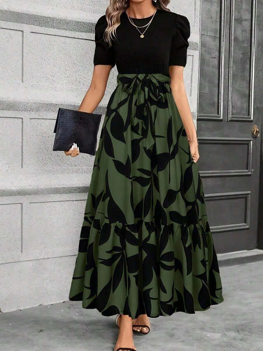Vestido elegante de línea A con mangas abullonadas, decoración de lazo, diseño de bloques de color, cuello redondo, lavable a máquina, vestido casual para primavera/verano, adecuado para ir al trabajo, fiestas, playa, ocasiones de alta gama y vacaciones, color negro - Verde - Ver 1