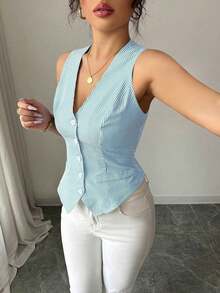 Chaleco casual de mujer de rayas minimalista de una sola hilera, adecuado para ir al trabajo y citas - Azul - Ver 3