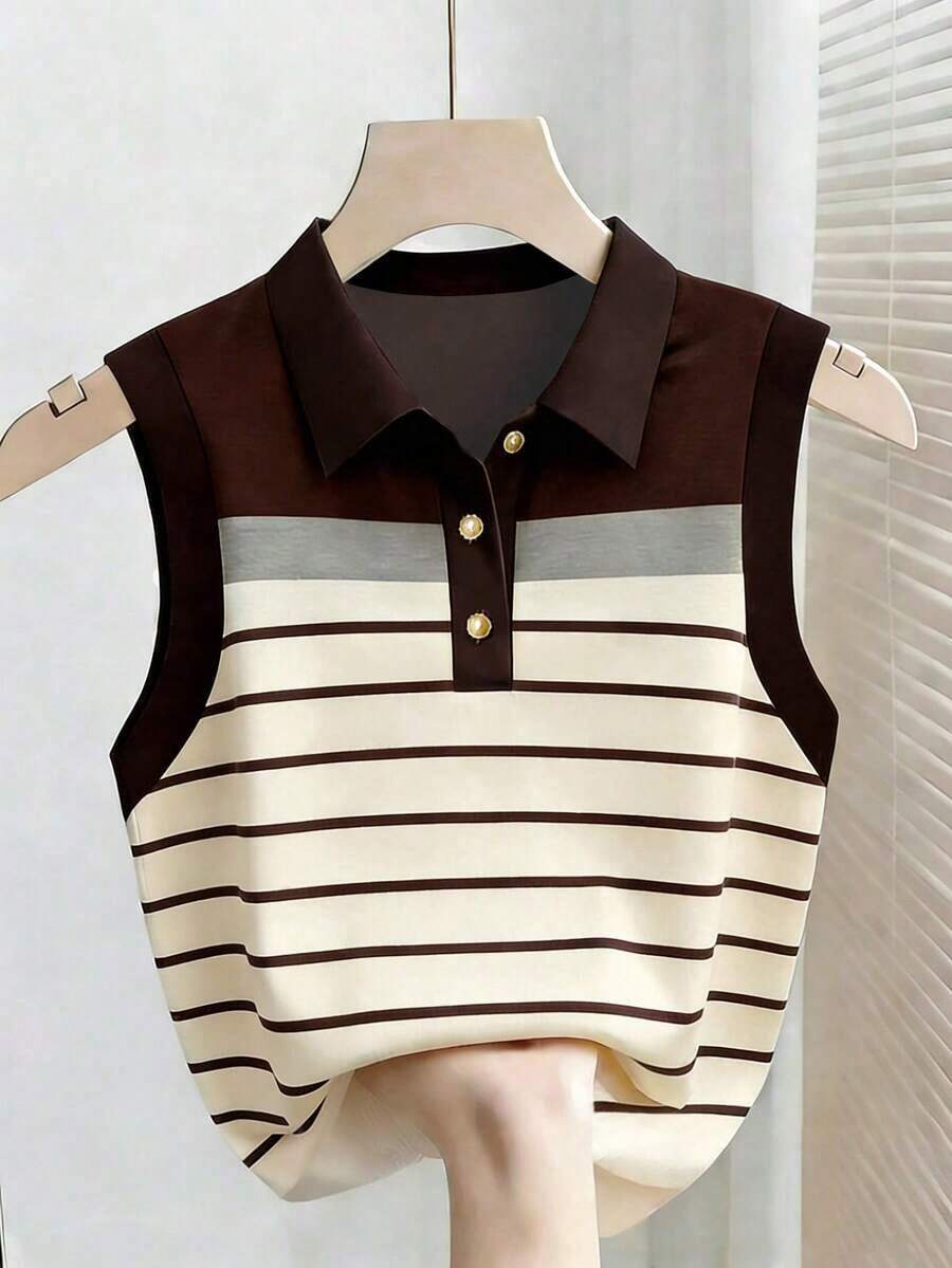 Camiseta de mujer con estampado de lunares y botones en la mitad del escote, adecuada para citas y vacaciones - Multicolor 5 - Ver 1