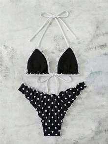 Conjunto de bikini de dos piezas con estampado de lunares, camiseta con lazo sexy y traje de baño para vacaciones en la playa para mujer - Blanco y Negro 2 - Ver 2