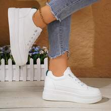 Summer New Minimalist Solid Color Thick Sole Platform White Sneakers Women's Thick Sole Slimming Lace-Up Casual Skate Shoes Daily Commute Versatile Women's Shoes (Runs Half Size Small) - White - View 6
