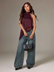 Blusa sin mangas elegante y formal con cuello halter asimétrico, adorno de encaje y hombros descubiertos para fiesta, cóctel, boda o salida nocturna en verano y otoño - Burdeos - Ver 11