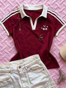 Camiseta de manga corta ajustada para mujer con estampado de todo el cuello - Multicolor 4 - Ver 6