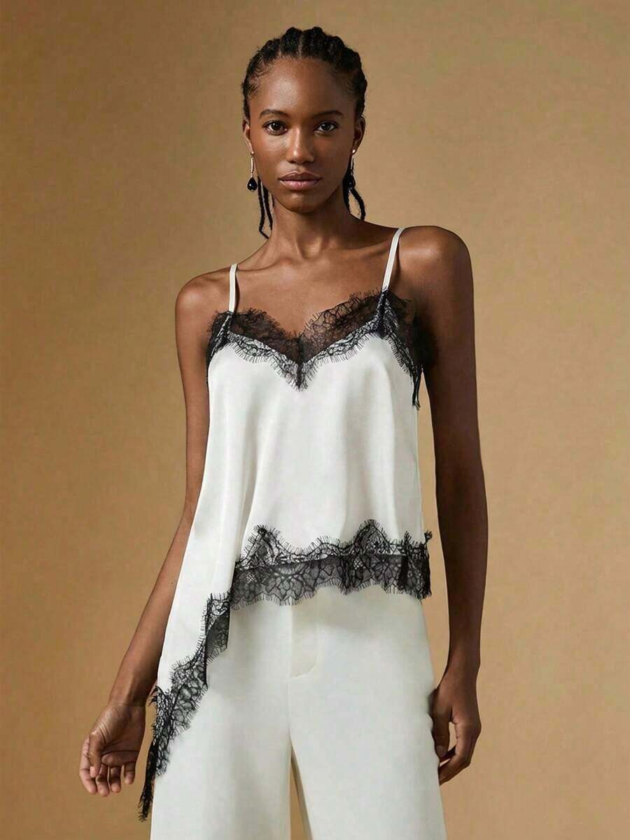 Camiseta de mujer de verano con encaje asimétrico, top blanco, regalo de San Valentín para mujeres, top elegante de mujer, top de verano, vacaciones de mujer, estilo de dinero antiguo / Top camisero de mujer con ribete de encaje de satén y cuello - Blanco 2 - Ver 1