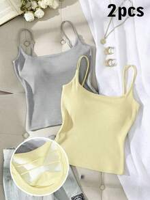 Paquete de 2 tops de camiseta acanalada con sujetador acolchado incorporado - Rosa y Negro/Lunares blancos, tops versátiles casuales para verano y uso en todas las estaciones, estilos suaves y limpios para chica, perfectos para el hogar, la escuela - Negro 7 - Ver 2