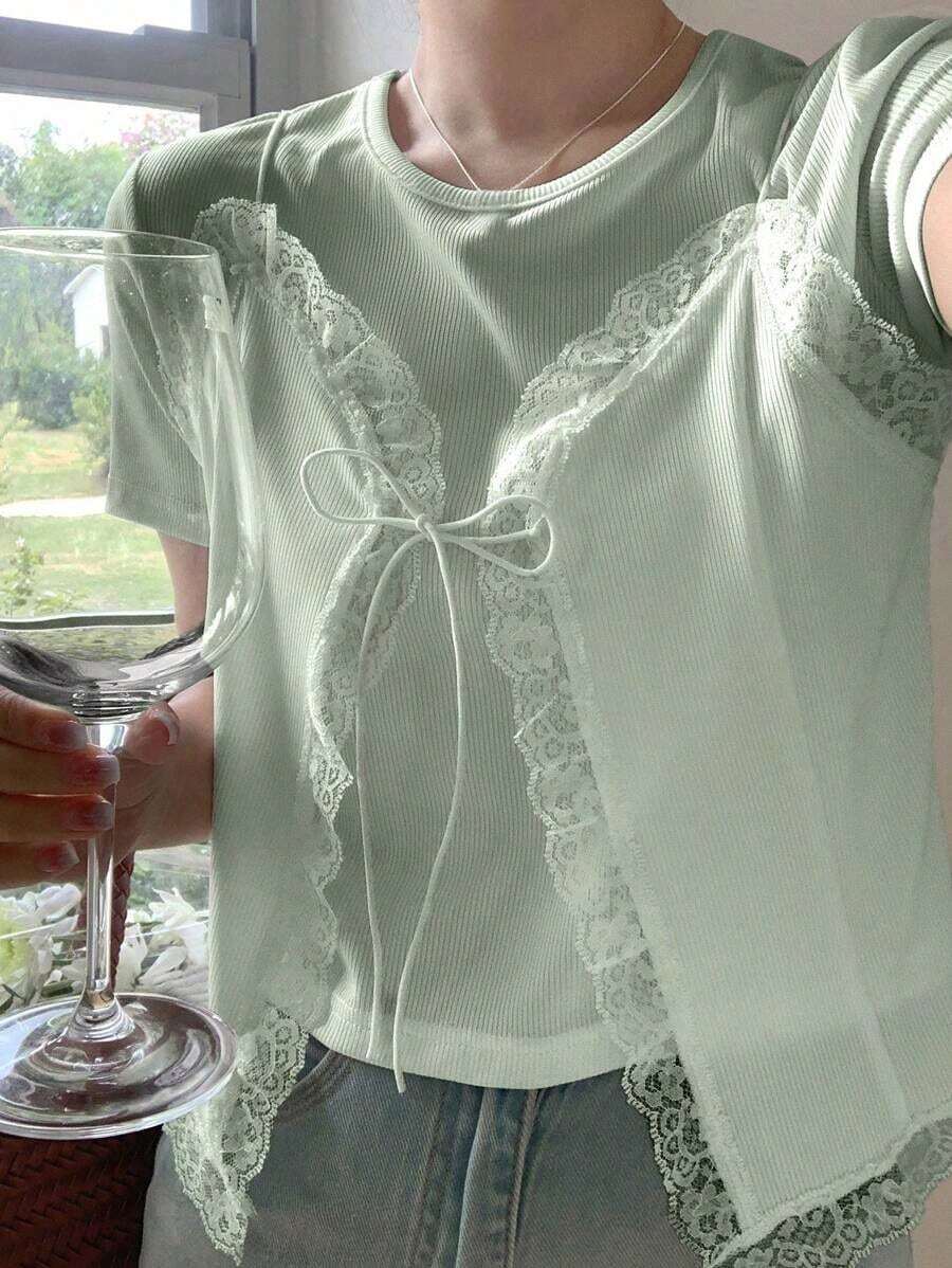 Camiseta de mujer con cuello redondo de manga corta con 2 en 1 y encaje empalmado - Verde - Ver 1