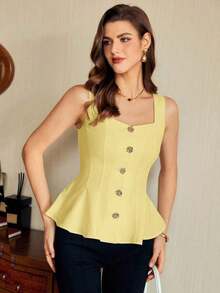 Blusa de mujer vintage, elegante y clásica, con cierre de botones metálicos con forma de flor, blusa sin mangas blanca, para primavera/verano - amarillo ganso - Ver 3