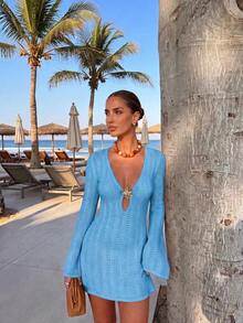 Vestido de manga larga de punto para mujer, estilo de vacaciones en la playa - orquídea clara - Ver 9