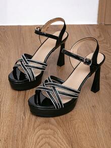 10cm High Heel 3cm Platform Peep Toe Rhinestone Embellished Strappy Sandals, Sexy Runway & Nightclub Style - Black - View 3