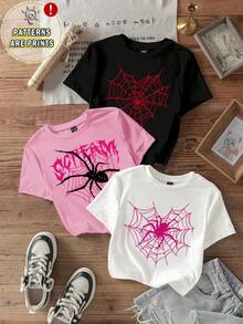 Single Garment, Not A 3-Piece Set. 1 Piece/Set Of Short-Sleeved T-Shirts Suitable For Streetwear. Oversized Round Neck Top For Daily Outings, Camping, Concerts, Hip-Hop, Rock, And Rap Events. Women's Short-Sleeved T-Shirts With A Minimalist Spiderweb Print And Round Neck, Suitable For Summer. - 白色 - 查看 7