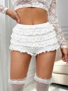 Ladies' Multi-Layer Frill Hem Low-Rise Y2K Concert Going Out White Ruffle Shorts - Blanco - Ver 5