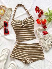 Conjunto Casual de 2 Piezas para Mujer: Top Halter a Rayas y Shorts para Vacaciones - Caqui - Ver 1