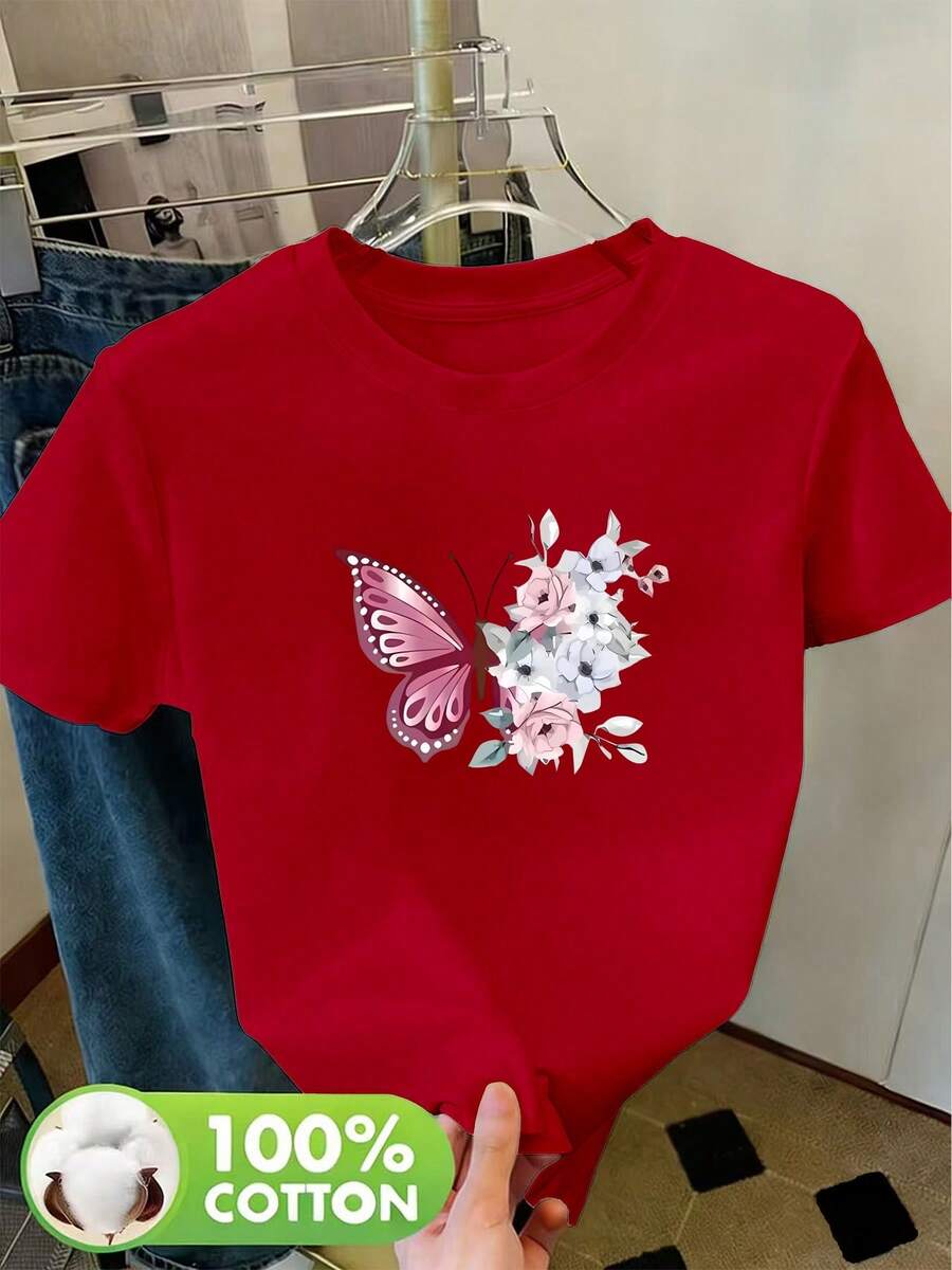 Camiseta Clásica de Manga Corta y Cuello Redondo para Mujer,% Algodón, para Primavera, Verano y Otoño - Ropa Deportiva Casual Transpirable, Blusa Básica para Uso Diario y Ocio, Camiseta de Verano - Rojo - Ver 1