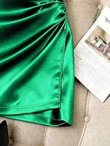 Falda ajustado plisada de cintura alta con dobladillo asimétrico brillante y elegante para mujer, primavera/verano - Verde - Ver 4