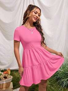 Vestido de punto de manga corta casual con cuello redondo y dobladillo con volantes de unicolor - Rosa - Ver 3