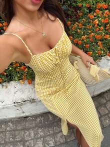 Vestido de tirantes con abertura lateral y estampado floral diminuto para el verano de las mujeres - Amarillo - Ver 4