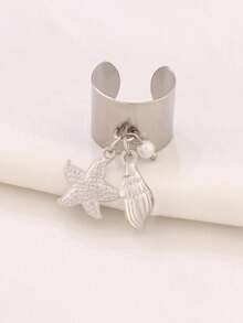 1pc Stainless Steel Starfish & Shell Open Ring, Fashion Gold Ocean Turtle Pearl Pendant Round Ring, Jewelry Gift For Women - Ocean Ring - View 13