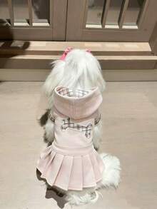 1 bộ váy áo hoodie cho thú cưng màu hồng kẻ caro thêu hình xương, váy xếp ly dễ thương cho chó nhỏ, quần áo kiểu công chúa cho chó Yorkie và Maltese. - Hồng - Xem 4