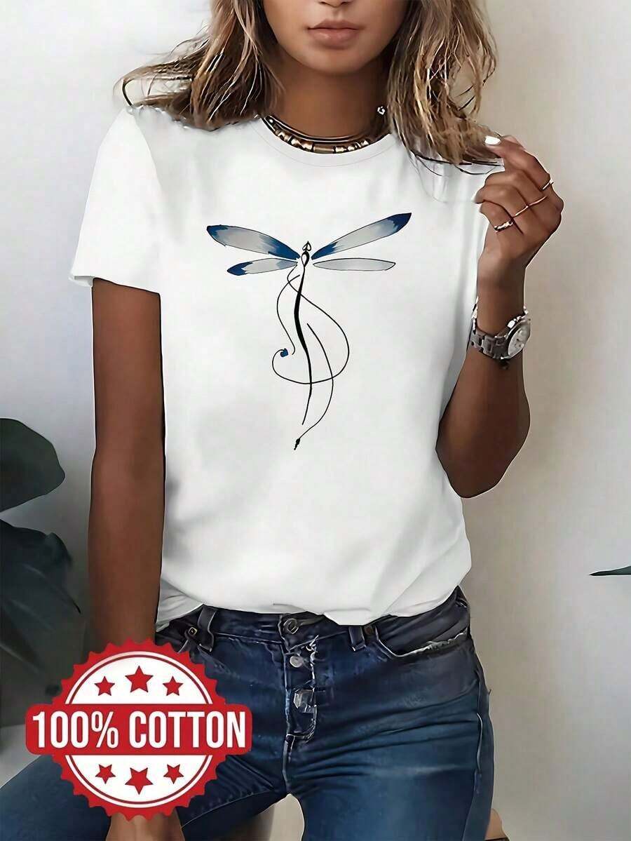 Camiseta de manga corta 100% para mujer con diseño de libélula artística y nota musical - Top casual de cuello redondo, color verde claro, colección primaveraverano, ropa casual  Top con estampado artístico  Ajuste cómodo