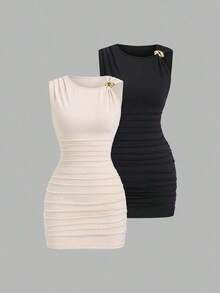 Conjunto de 2 piezas de moda europea y americana para mujer, vestido mini versátil casual y de oficina con decoración metálica retorcida y asimétrica - Multicolor 4 - Ver 1