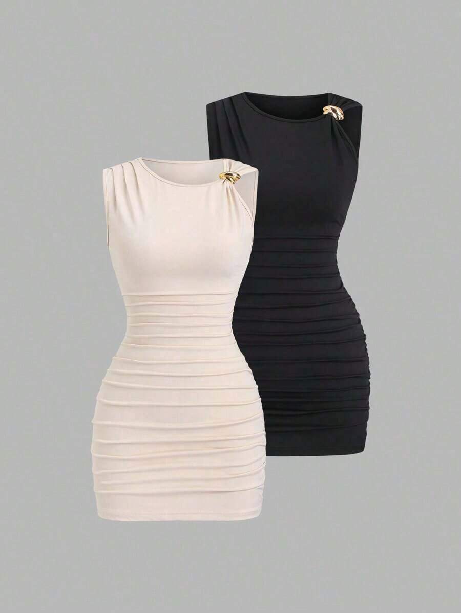 Conjunto de 2 piezas de moda europea y americana para mujer, vestido mini versátil casual y de oficina con decoración metálica retorcida y asimétrica - Multicolor 4 - Ver 1