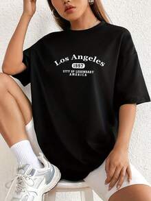 Camiseta negra holgada de moda rápida europea y americana con estampado de letras, cuello redondo simple y manga corta para mujer.Camiseta Y2k - Blanco - Ver 10