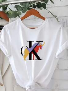 Camiseta Casual de Manga Corta para Mujer - Blanca con Estampado Gráfico de la Letra K en Negro, Cuello Redondo de Corte Holgado, Tejido Transpirable de Elasticidad Media, Comodidad para Todas las Temporadas para Atuendos Casuales, Camisetas para Mujer, Camiseta de Corte Relajado, Camiseta con Estampado Divertido, Material No Transparente, Camiseta Cómoda, Camiseta para Uso Diario, Camiseta Suave, Camiseta Estampada, Camiseta Y2k para Amantes del Streetwear - Blanco - Ver 10
