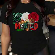 T-Shirt With A Creative Mexican-Themed Print. Women's T-Shirts For Spring, Summer, And Fall. Casual And Fashionable T-Shirts, Machine Washable, Ideal For Sports, Everyday Wear, And Parties. Women's T-Shirts, Halloween Costumes, Women's Clothing, Women's Fall T-Shirts, Costumes For Easter, Halloween, Thanksgiving, And More. - 黑色 - 查看 6