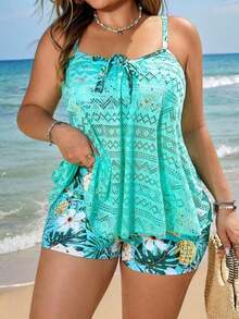 Swim Lushoire Nuevo conjunto de traje de baño de 2 piezas de talla grande para mujer con top de tirantes finos y estampado floral y shorts ajustados, casual para vacaciones - Multicolor - Ver 6