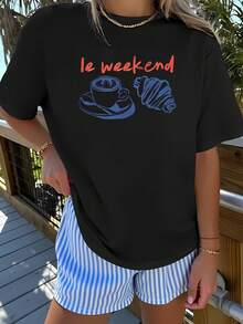 Camiseta de manga corta de primavera de 1pc de mujer | Impresión croissant de café francés, elegante y divertido, cómodo y transpirable, ideal para vacaciones y eventos, estilo Y2K, unisex, perfecto para regalos - Negro - Ver 2