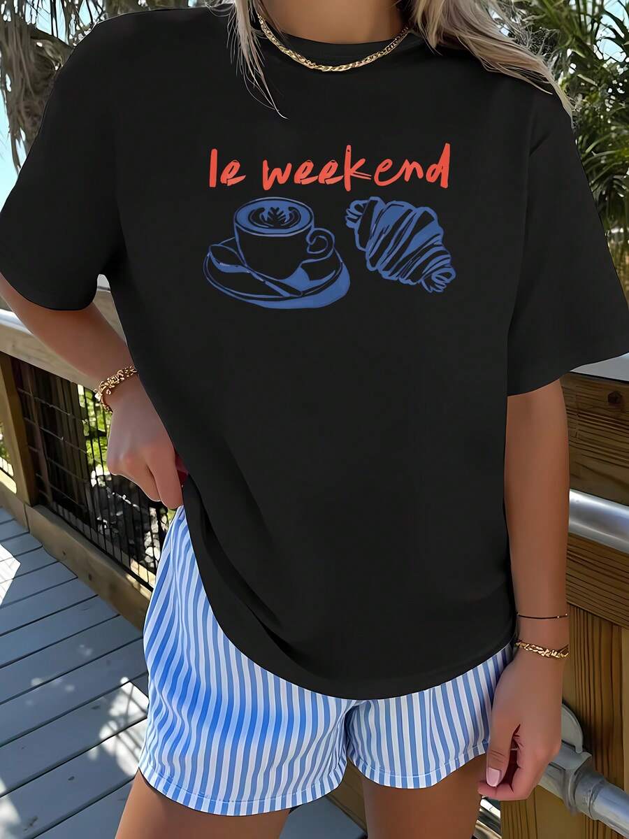 Camiseta de manga corta de primavera de 1pc de mujer | Impresión croissant de café francés, elegante y divertido, cómodo y transpirable, ideal para vacaciones y eventos, estilo Y2K, unisex, perfecto para regalos