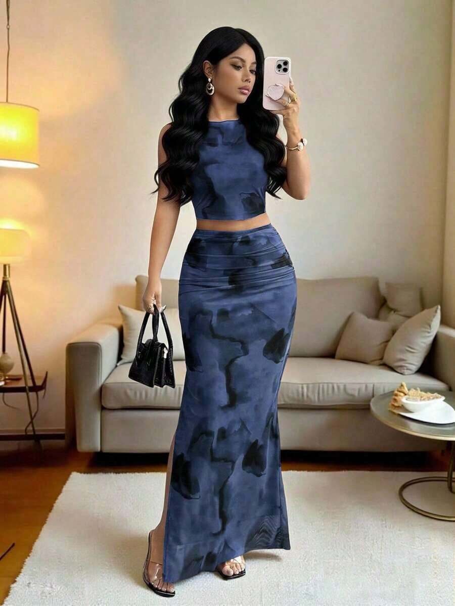 xheRafferiza Conjunto de 2 piezas de mujer con camiseta sin mangas ajustada con abertura y degradado de teñido anudadoxhe - Azul marino - Ver 1