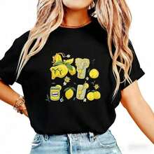 Summer T-Shirt With Lemon Print, Gift T-Shirt For Food Lovers, Nice Gift For Her,  Fruit Blouse For Women, Summer T-Shirt For Ladies - Vintage Street Style, Unisex Cotton Loose Short Sleeve Round Neck T-Shirt, Blouses For Women, Women's T-Shirts, Casual Blouses For Ladies. - 黑色 - 查看 6