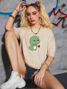 T-Shirt With Cartoon Dinosaur Print - Apricot - View 1