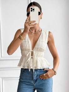 Blusa de verano con diseño de volantes y lazo, cuello en V romántico francés, cintura ajustada con lazo, sin mangas, diseño de bordado 3D plisado, color crema, fresca, estilizadora y dulce, top casual para verano, salir, playa, vacaciones, vacacio - Albaricoque - Ver 4